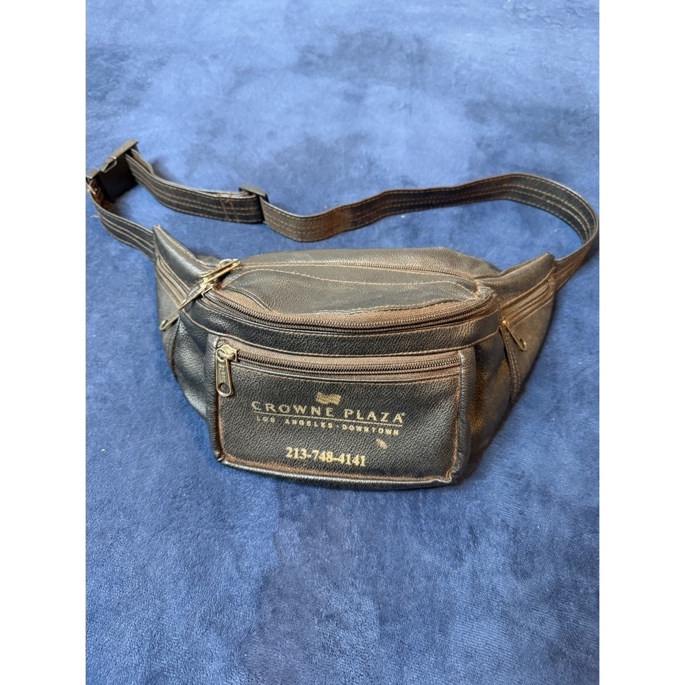 Vintage Crowne Plaza LA Leather Waist Pack Pouch Black Brown Adjustable Bag